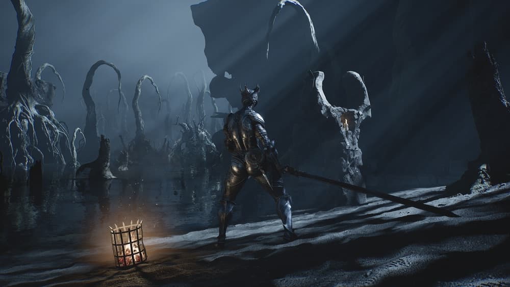 Official Mortal Shell II combat screenshot showing an armored warrior striking enemies.